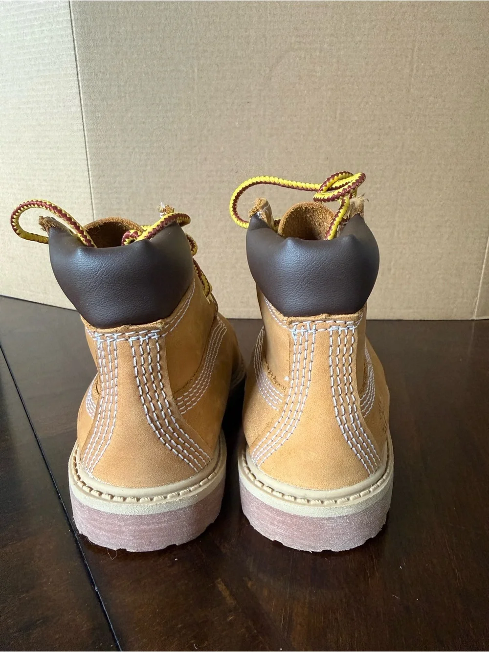 Timberland Kids Wheat Nubuck Boots with Black Collar and Yellow/Red Laces